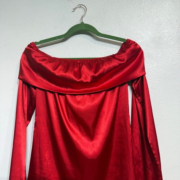 Hyperfire Red Satin Off The Shoulder Long Sleeve Tie Back Mini Dress Sz XS - Picture 3 of 13